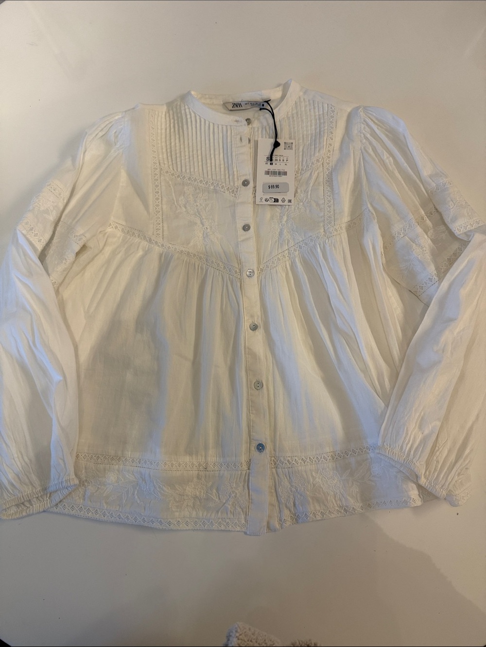 Zara White Pintuck Lace Button-Front Blouse